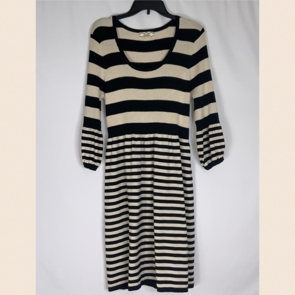 Women’s Pink Rose Black & Cream Broad Stripe 3/4 Sleeve Sweater Dress Size 2X
